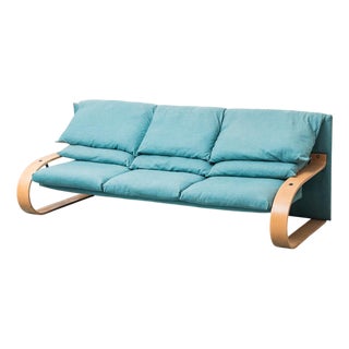 3-Seater Sofa in Blue Fabric and Wood in the style of Alvar Aalto, 1970s For Sale