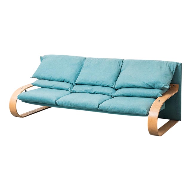 3-Seater Sofa in Blue Fabric and Wood in the style of Alvar Aalto, 1970s For Sale
