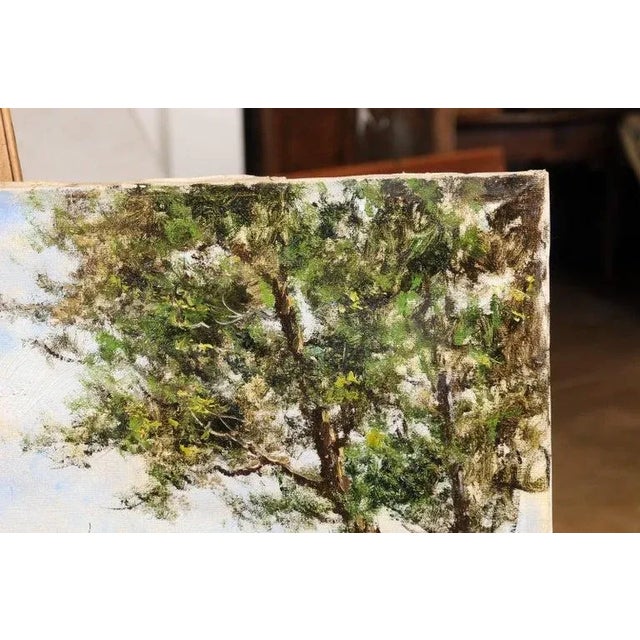 Textile 19th Century Austrian Oil Painting Depicting a Hamlet Along a Stream by Anton Brioschi For Sale - Image 7 of 11