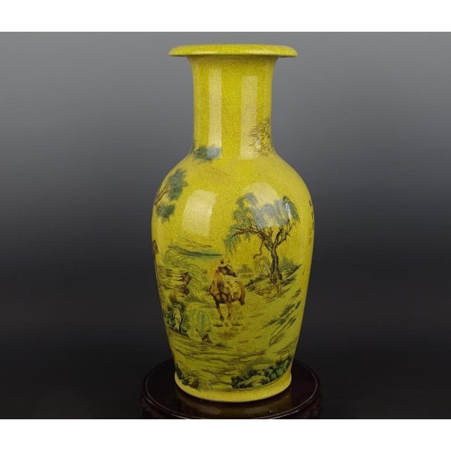 Chinese Antique Chinese Ceramic Qing Dynasty Qianlong Marked Yellow Ground Crackle Glaze Porcelain Vase Hand Painted Twelve Chinese Zodiac Signs Pattern For Sale - Image 3 of 6