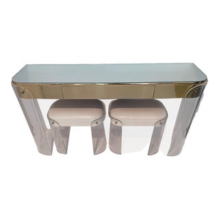 1970's Lucite and Brass Console/Sofa Table W/Matching Stools For Sale