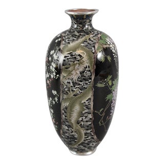 Fine Antique Signed Meiji Period Japanese Cloisonne Enamel Vase - Wisteria & Dragon Motifs For Sale