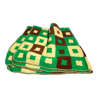 Vintage Mid-Century Crochet Green Brown & Cream Handmade Granny Square Afghan Handmade Throw Blanket For Sale