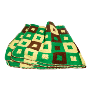 Vintage Mid-Century Crochet Green Brown & Cream Handmade Granny Square Afghan Handmade Throw Blanket