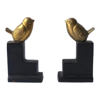 Art Deco Brass Birds on Black Marble Bases Decorative Object or Bookends, Pair For Sale