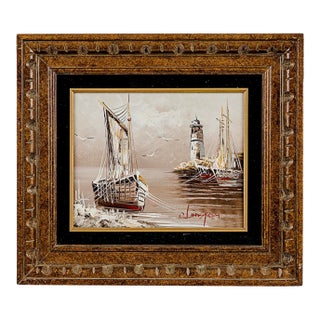 Vintage Oil Painting by Rikard Lindstrom (1882-1943) of Seascape Harbor Scene For Sale