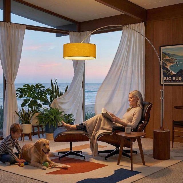The Tambo Arc Lamp is a striking Mid-Century Modern lighting piece designed by Peter Morelli in 1984. Its sweeping arc...