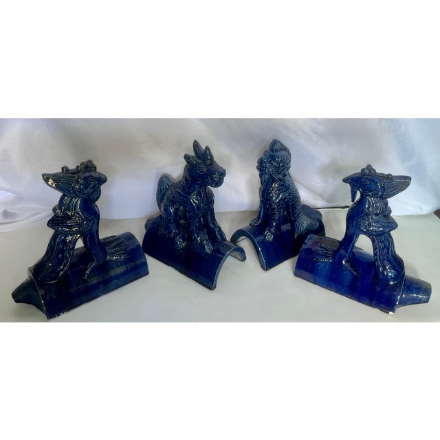 Vintage Cobalt Blue Chinese Ceramic Roof Tile Figurines - Set of 4 For Sale - Image 11 of 18