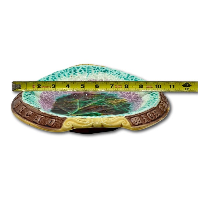 Antique 1880s Victorian Majolica "Eat Thy Bread With Thankfulness" Motto Serving Tray With Beautiful Colors For Sale - Image 17 of 18