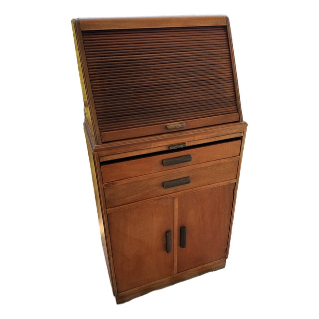 Mid-Century Modern Tambour Top Ophthalmic Medical Cabinet in Oak For Sale