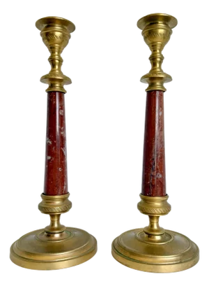 Traditional Neoclassical Red Marble and Brass Candlestick Holders