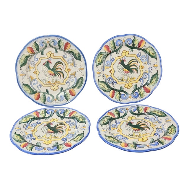Fitz & Floyd 4 Hand Painted "Ricamo" Rooster Salad Dessert Luncheon Plates For Sale