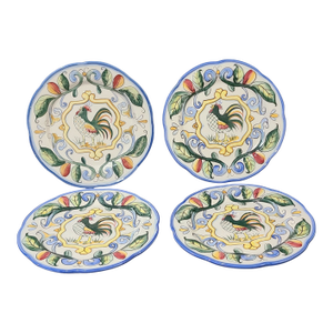 Fitz & Floyd 4 Hand Painted "Ricamo" Rooster Salad Dessert Luncheon Plates