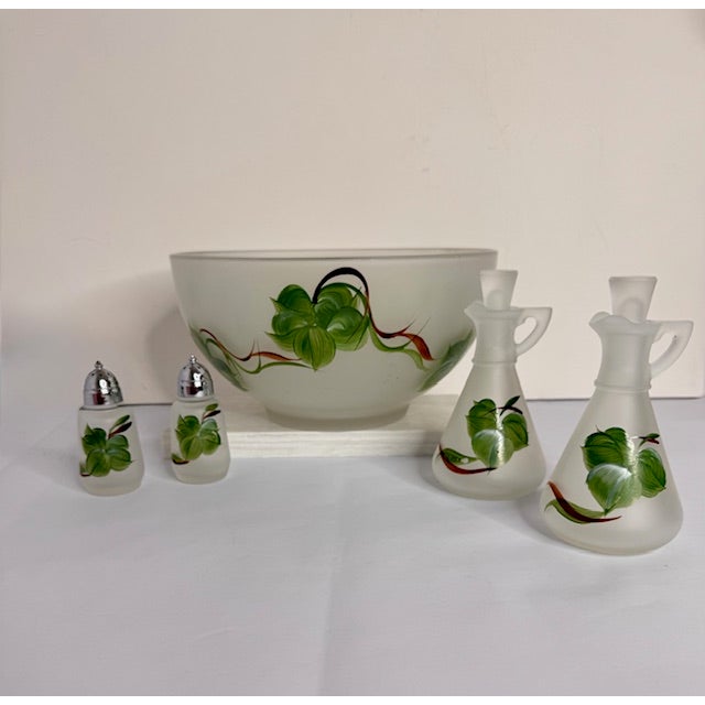 Vintage Frosted Glass Salad Set With Hand Painted Leaves – Bowl, Oil & Vinegar, Salt & Pepper - 5 pcs For Sale - Image 17 of 17