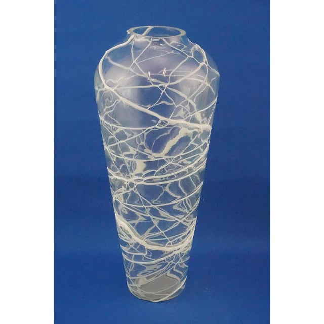 Item : Large, clear blown Murano glass vase, with applications of white glass paste reticulated, creating a web of...