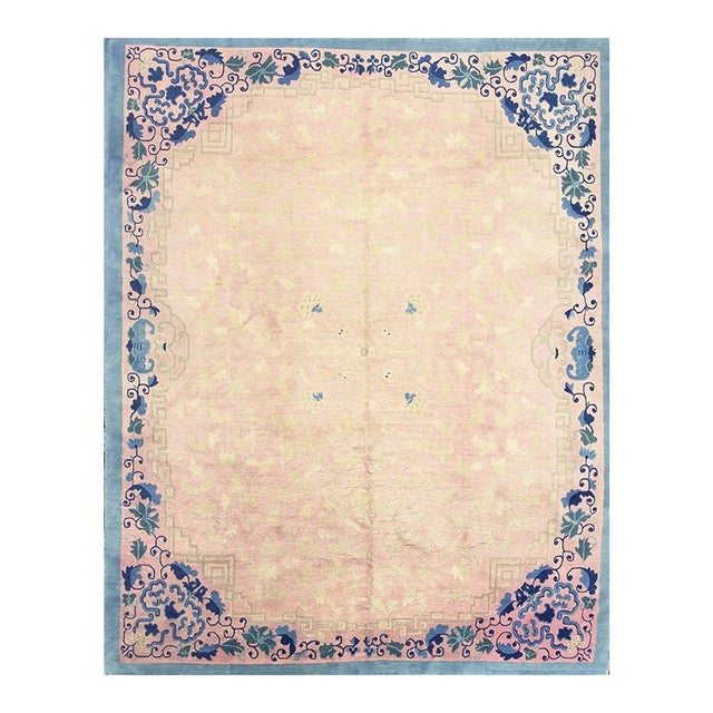 1920s Classic East Asian Pink Field Chinoiserie Antique Chinese Rug For Sale