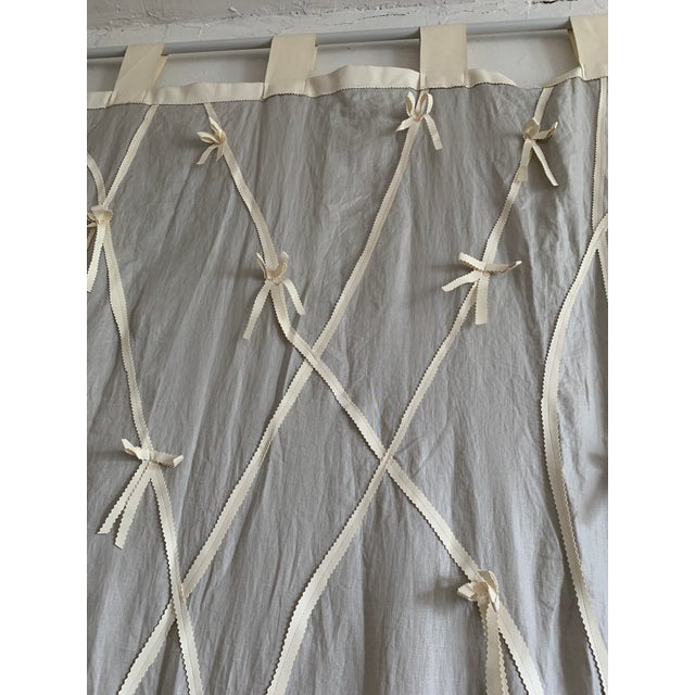 Sculpted Linen Window Panel With Top Stitching Tied Ribbons For Sale - Image 4 of 8