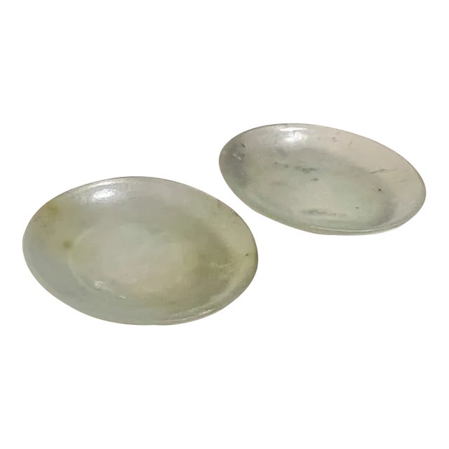 Fine Antique Chinese Qing Dynasty Carved Jade Petite Saucer Plate Set of Two For Sale