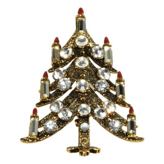 Vintage Pakula Candle Christmas Tree Pin Gold-Plated With Rhinestones For Sale