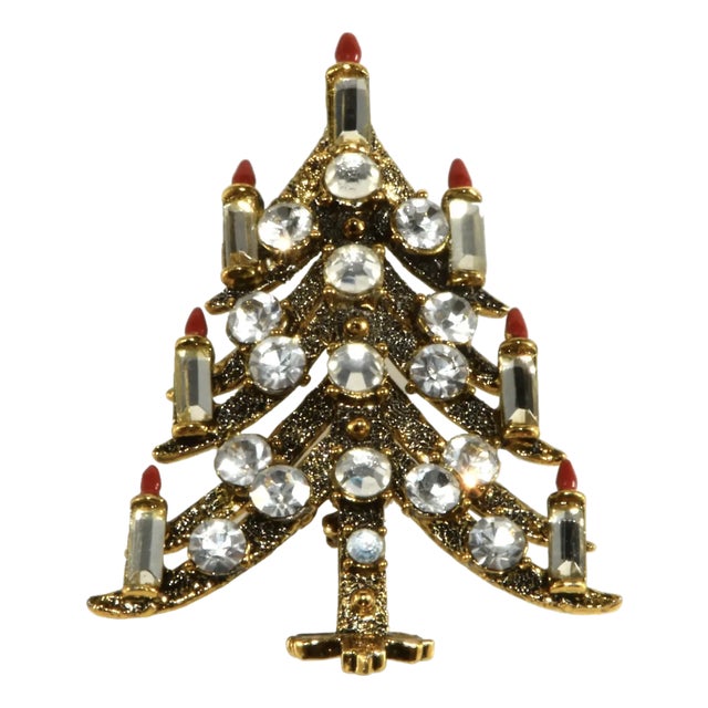Vintage Pakula Candle Christmas Tree Pin Gold-Plated With Rhinestones For Sale