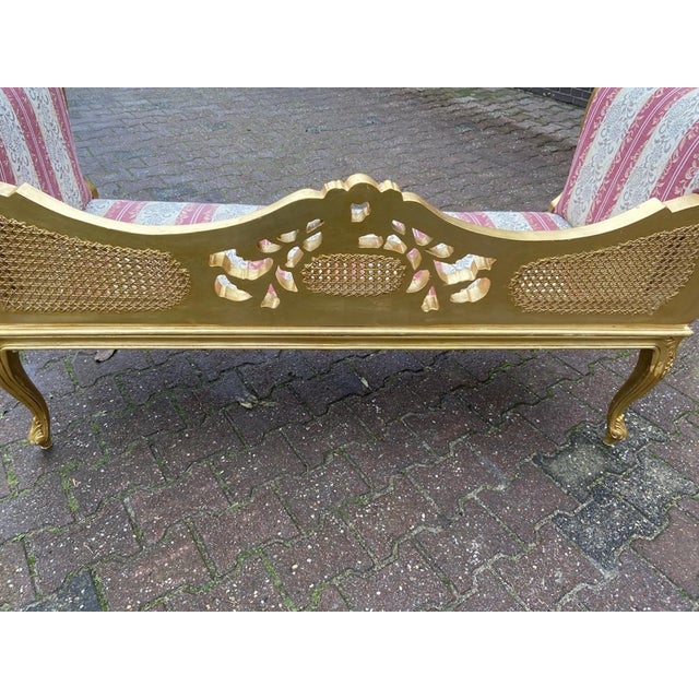 1960s French Louis XVI Gold Beech Cane Damask Settee For Sale - Image 9 of 10
