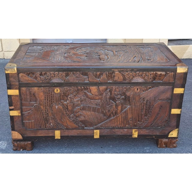 20th Century Chinese Carved Camphorwood Coffer With Brass Accents For Sale - Image 4 of 11