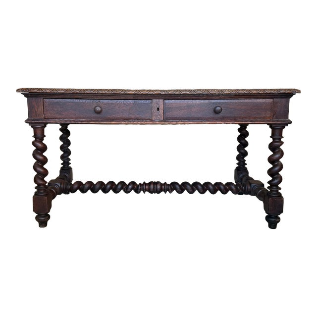 19th Spanish Walnut Desk or Console Table With Two Drawers & Solomonic Legs For Sale