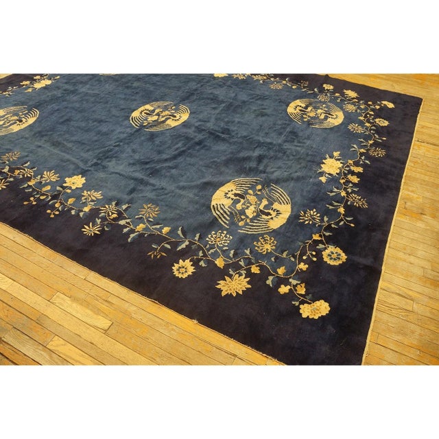 Chinese 1920s Antique Blue Navy Traditional Floral Birds Chinese Peking Wool Rug For Sale - Image 3 of 10