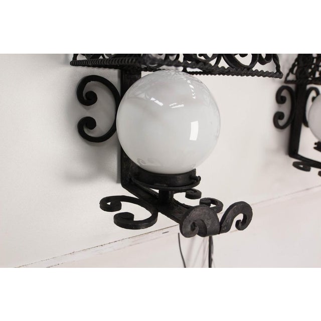 French Sconces in Wrought Iron and Opalin Glass, 1960, Set of 2 For Sale - Image 12 of 18