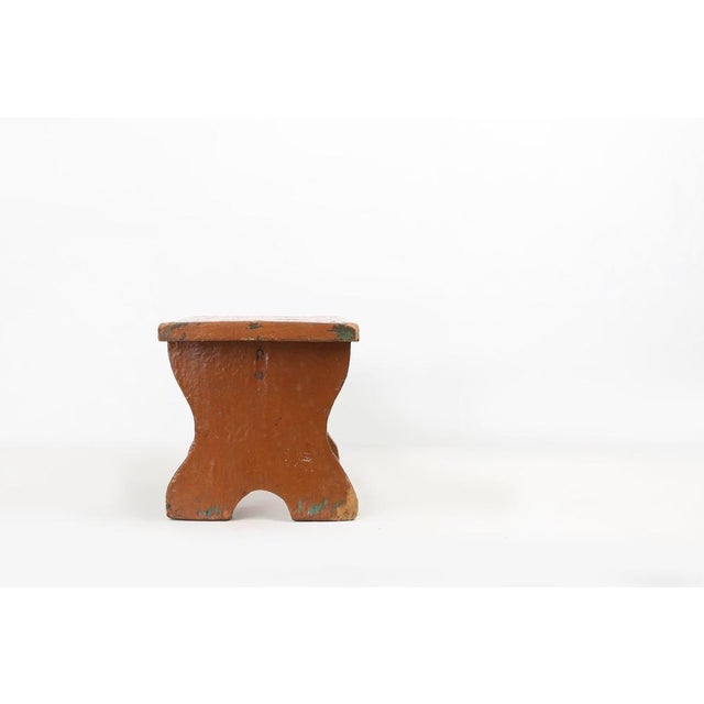 Low French Rustic Church Stool in Terracotta Painted Wood, 1890s For Sale - Image 5 of 11