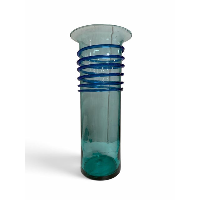 Murano Vintage 1970s Murano Teal Art Glass Cylinder Vase With Cobalt Blue Spiral Wrap For Sale - Image 4 of 4