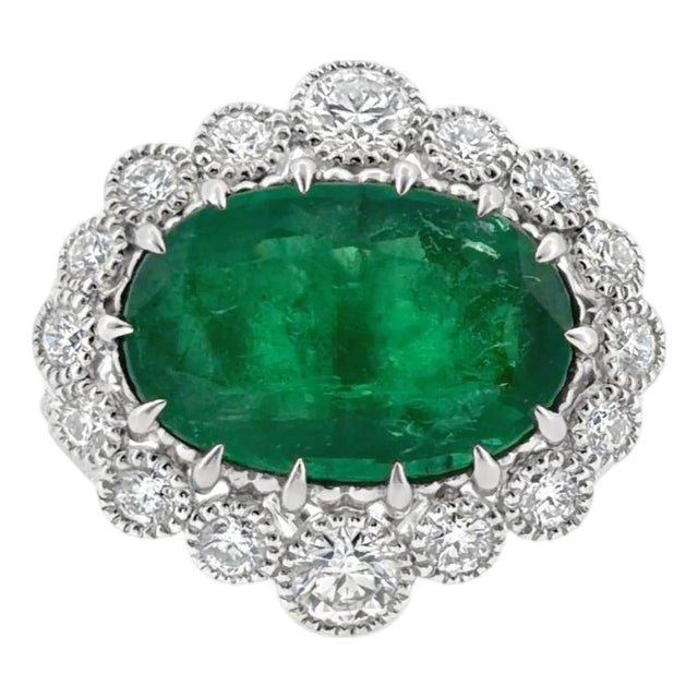 Platinum Certified 6.36 Carat Emerald and Diamond Ring, Size 6.25 For Sale