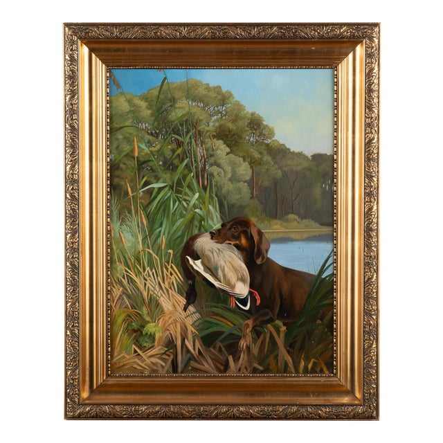 Original Oil on Canvas Painting of Retriever With Duck, Denmark Dated 1899 For Sale