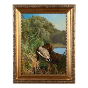 Original Oil on Canvas Painting of Retriever With Duck, Denmark Dated 1899