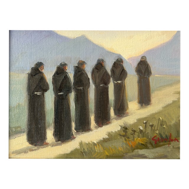 Ortensio Gionfra, Friars in Procession, 1960s, Oil Painting on Panel For Sale