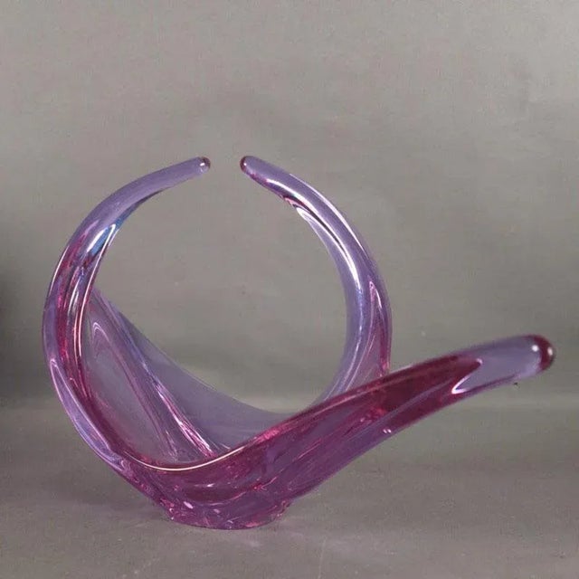 Large handmade vintage violet Murano glass bowl, with handle and spout ends.