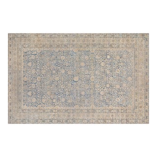 Antique Blue and Beige Persian Kirman Handwoven Wool Rug For Sale
