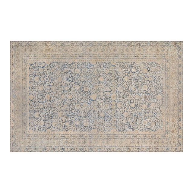 Antique Blue and Beige Persian Kirman Handwoven Wool Rug For Sale