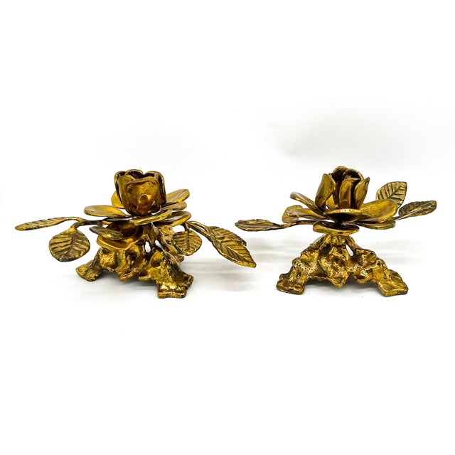 Mid 20th Century Vintage Pair Gold-Tone Metal Rose Candle Holders — Hollywood Regency / Maison Jansen Style For Sale - Image 5 of 12