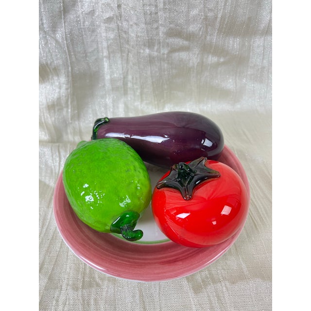 Vintage Art Glass Fruit Centerpiece on Portuguese Plate Tomato Lemon Eggplant For Sale In Portland, OR - Image 6 of 10