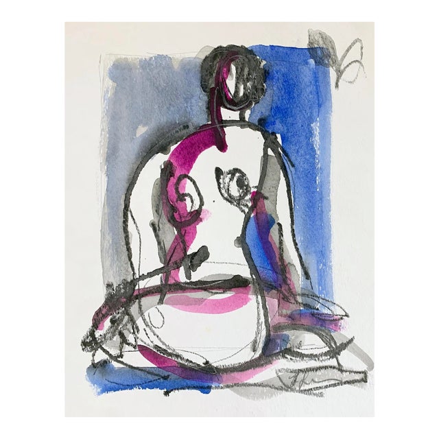Fuchsia Blue Pose, Seated Woman Watercolor For Sale