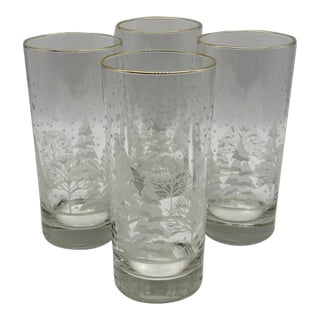 Vintage Libbey "Pines" Etched & Gold Rimmed Winter Scene Highball Glasses Set of 4 For Sale