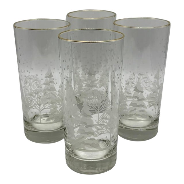 Vintage Libbey "Pines" Etched & Gold Rimmed Winter Scene Highball Glasses Set of 4 For Sale