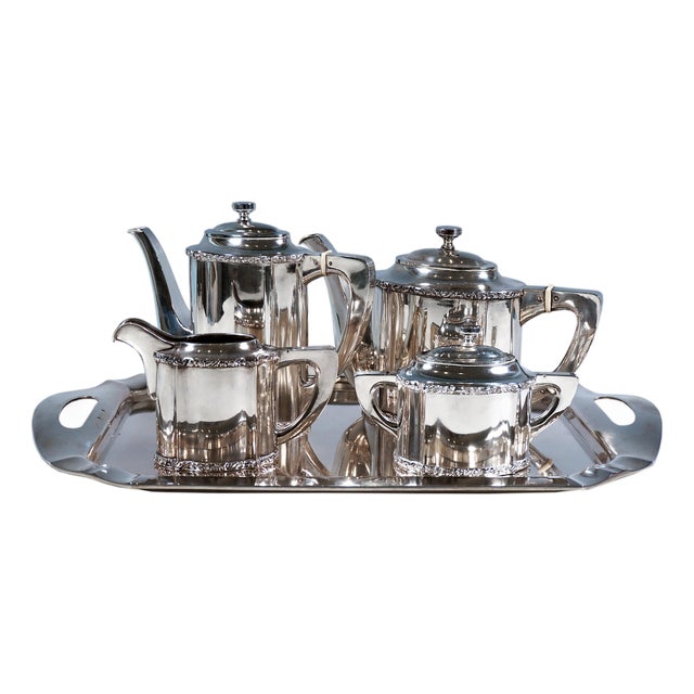 Art Nouveau Silver Coffee & Tea Set on Tray, 1890s, Set of 5 For Sale