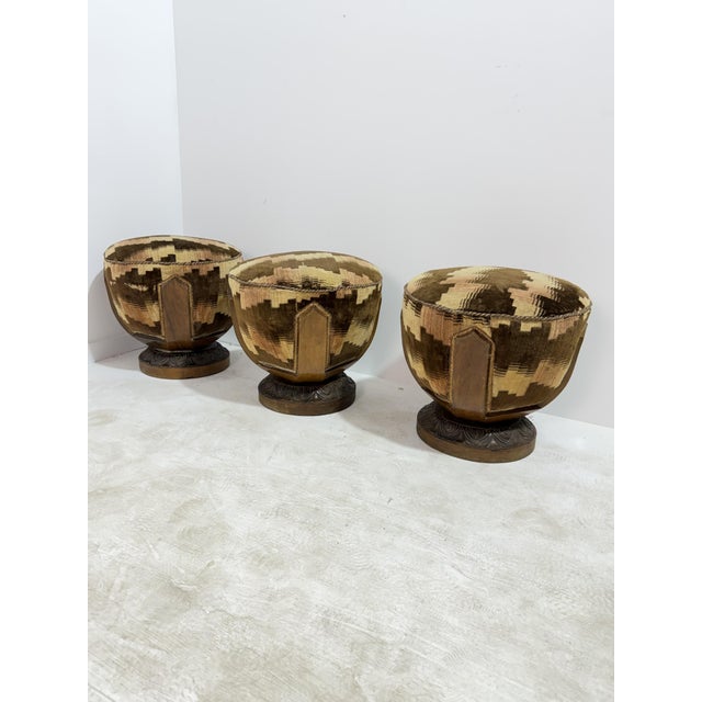 Art Deco Italian Poufs in Walnut and Velvet, 1940, Set of 3 For Sale - Image 12 of 12