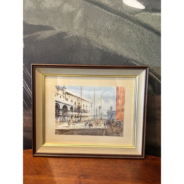 Traditional Mid 20th Century Venetian Piazza Watercolor For Sale - Image 3 of 4