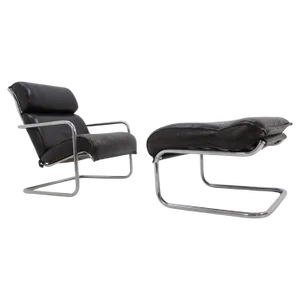 Set of Chrome Tubular Leather Lounge Chair and Footstool, 1950s