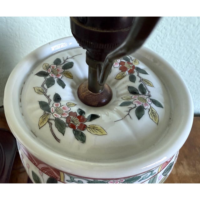 Pink Mid 20th Century Pair of Asian Floral Motif Pottery Lamps For Sale - Image 8 of 10