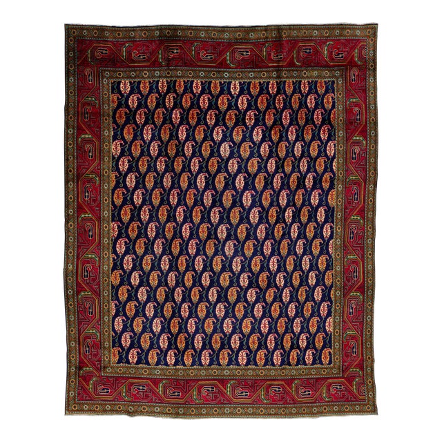 Allover Pattern Handmade Persian Wool Rug Vintage in Navy Blue For Sale