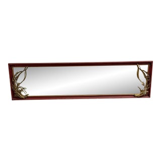 Asian-Inspired Red + Gilt Botanical Wall Mirror, Vintage For Sale